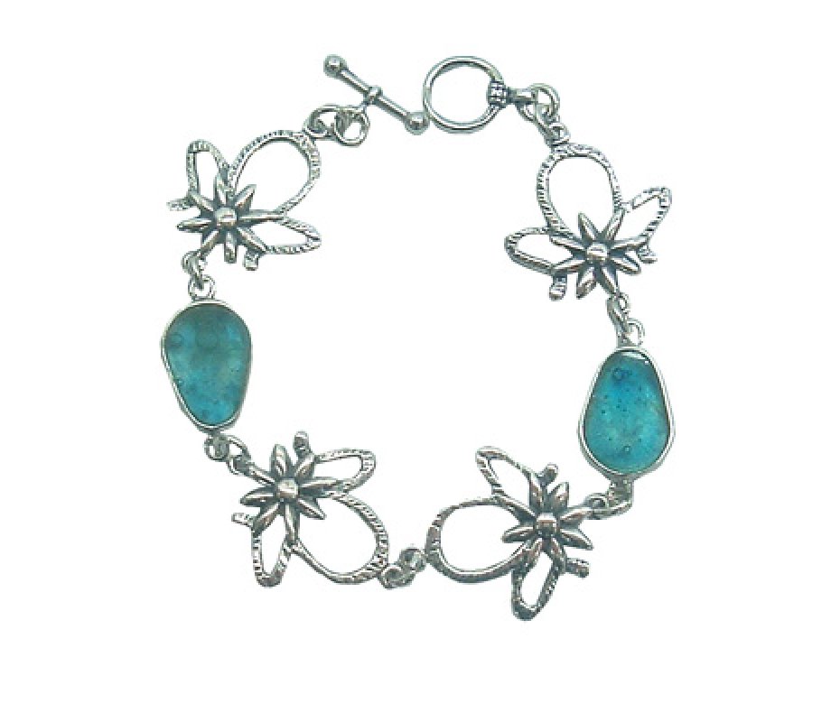 Hammered Sterling Silver Flower Bracelet and Roman Glass Dewdrops - Michal Kirat
