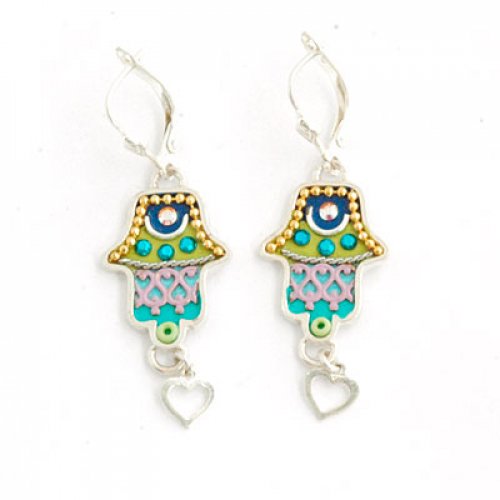 Hamsa Earrings with Heart in Green - Ester Shahaf