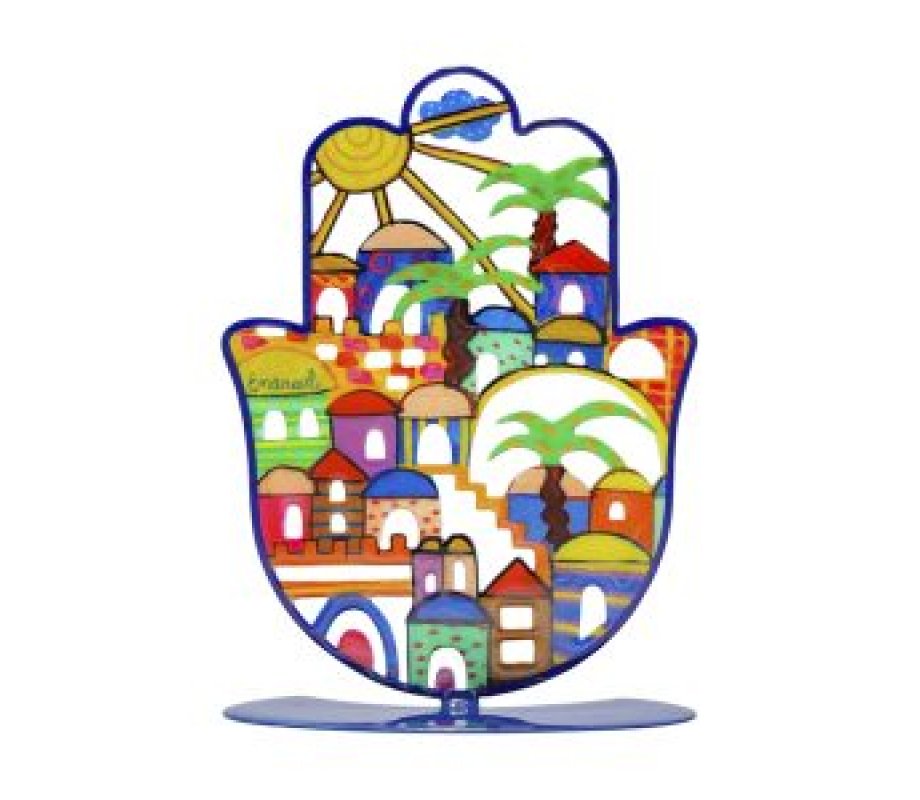 Hamsa Sculpture on Stand with Jerusalem Images, Small - Yair Emanuel