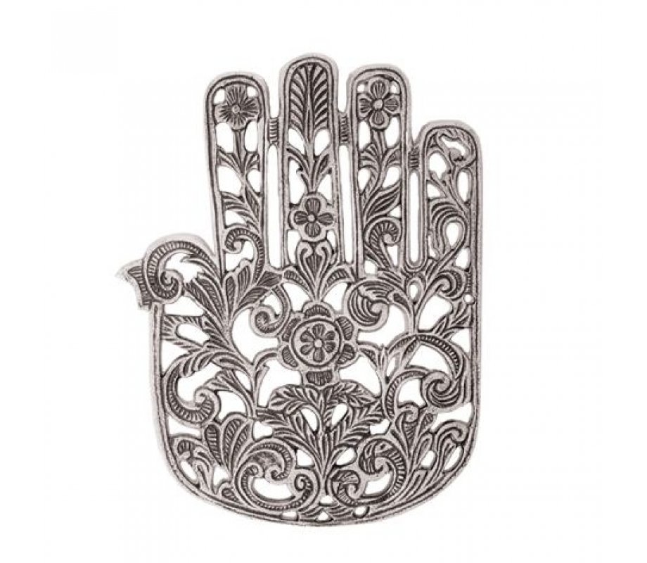 Hamsa Trivet with Floral Decoration, Silver - Yair Emanuel