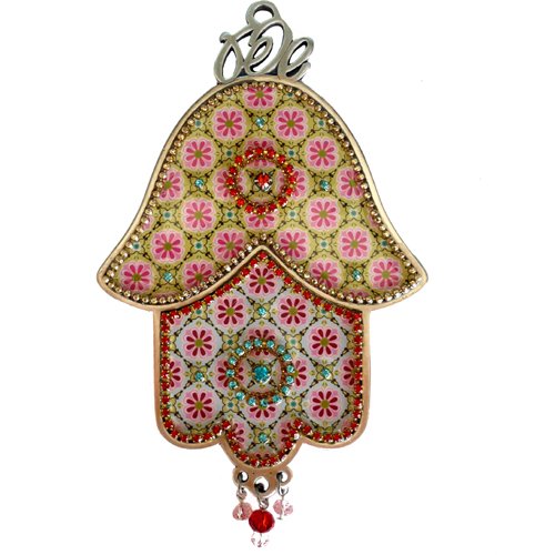 Hamsa Wall Plaque - Oriental Pink and Green Theme with Eye Motif - Iris Design