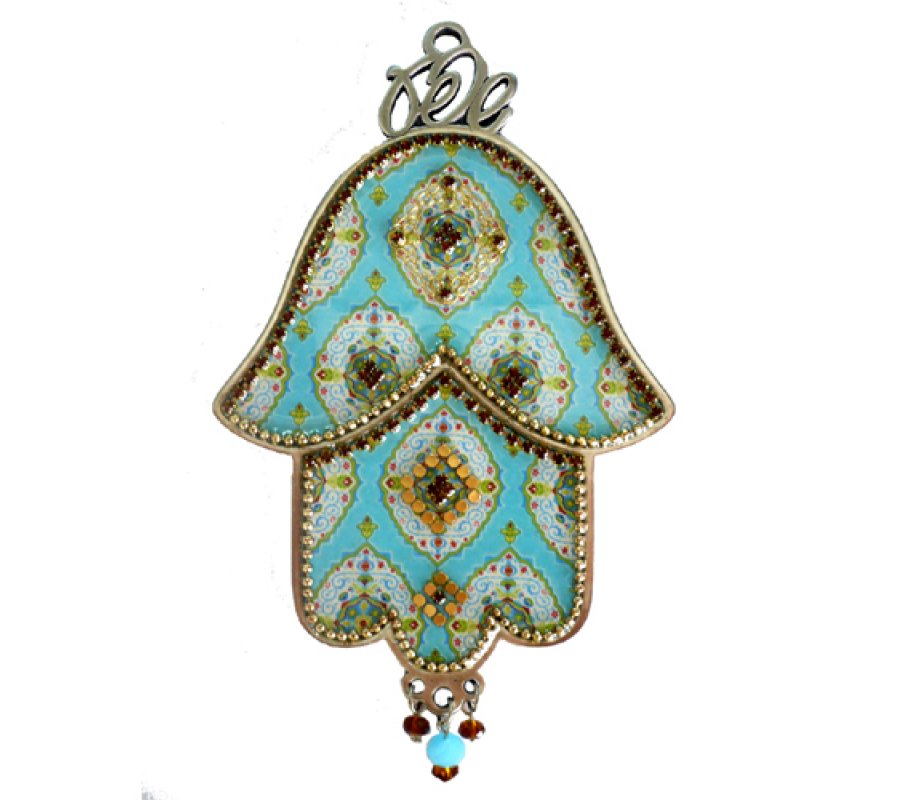 Hamsa Wall Plaque, Beaded Geometric Design in Turquoise and Gold - Iris Design