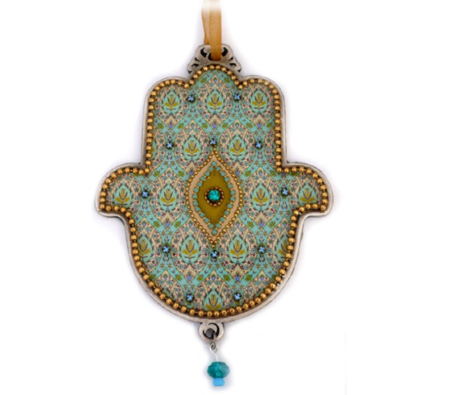 Hamsa Wall Plaque, Turquoise Floral Design with Protective Eye - Iris Design