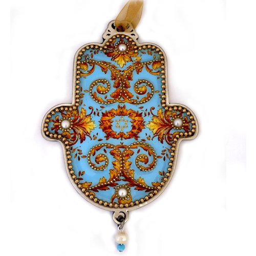 Hamsa Wall Plaque, Turquoise and Gold Swirls with Star of David - Iris Design