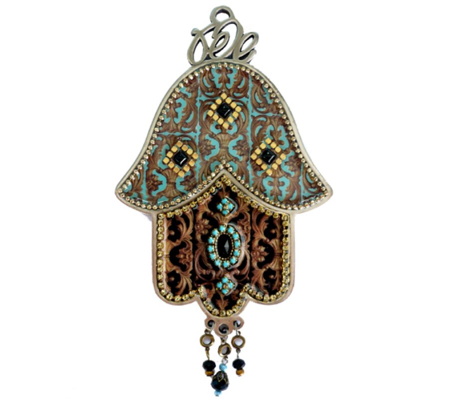 Hamsa Wall Plaque with Beaded Colorful Ethnic Oriental Design - Iris Design