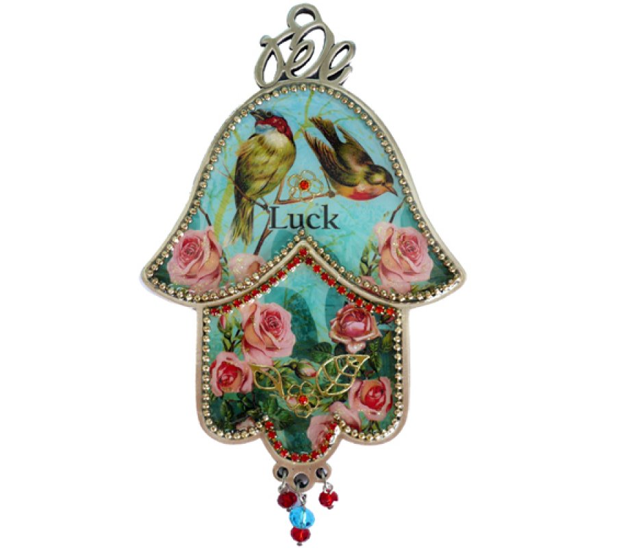 Hamsa Wall Plaque with Songbirds and Pink Roses and