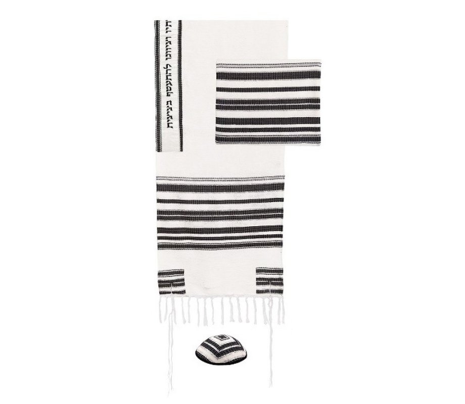 Hand Embroidered Silk-Cotton Tallit Set with Black Stripes and Blessing on Atara