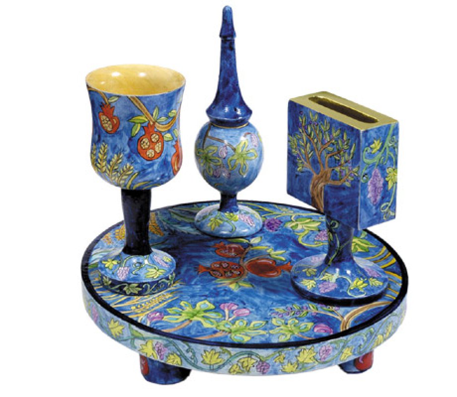 Hand Painted 4-Piece Blue Wood Havdalah Set, Seven Species - Yair Emanuel