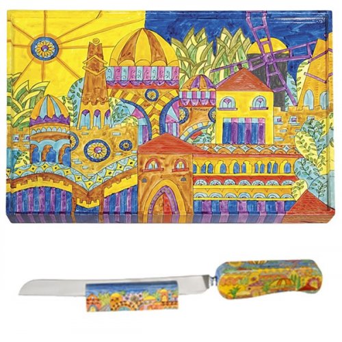 Hand Painted Challah Board and Knife Set, Oriental Jerusalem - Yair Emanuel