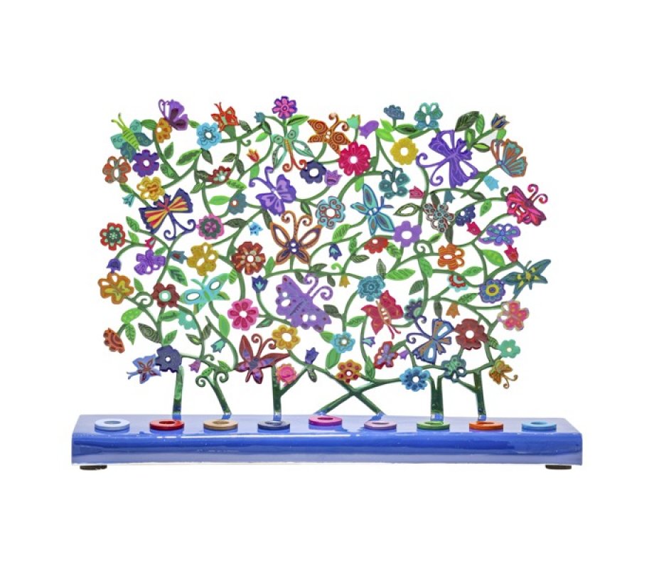 Hand Painted Chanukah Menorah, Butterflies and Flowers – Yair Emanuel
