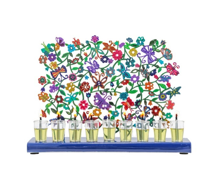 Hand Painted Chanukah Menorah, Butterflies and Flowers – Yair Emanuel