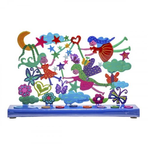 Hand Painted Chanukah Menorah, Colorful Fairy figures  Yair Emanuel