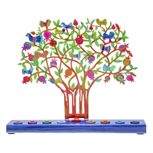 Hand Painted Chanukah Menorah, Colorful Pomegranate Tree and Birds - Yair Emanuel