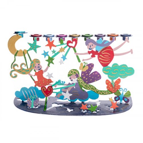 Hand Painted Chanukah Menorah, Youthful Wonderland Scene - Yair Emanuel