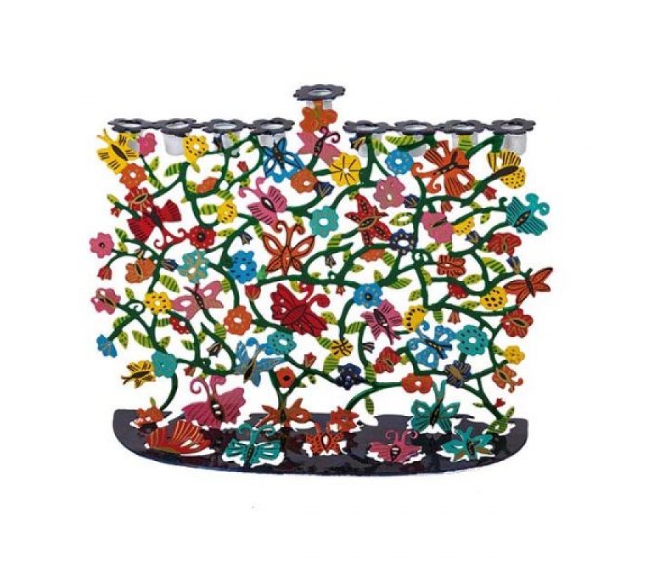 Hand Painted Colorful Hanukkah Menorah of Flowers and Butterflies - Yair Emanuel