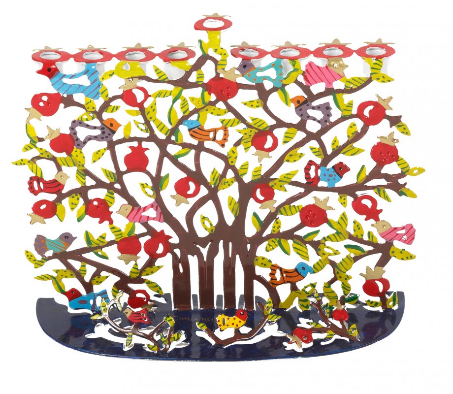 Hand Painted Colorful Hanukkah Menorah of Pomegranates - Yair Emanuel