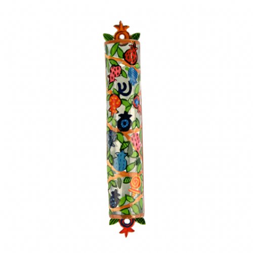 Hand Painted Colorful Laser Cut Metal Mezuzah Case, Pomegranates - Yair Emanuel