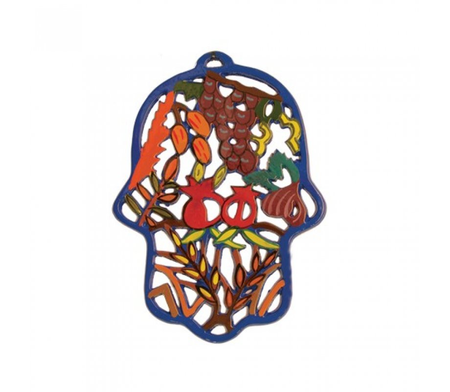 Hand Painted Colorful Laser Cut Wall Hamsa, Seven Species - Yair Emanuel