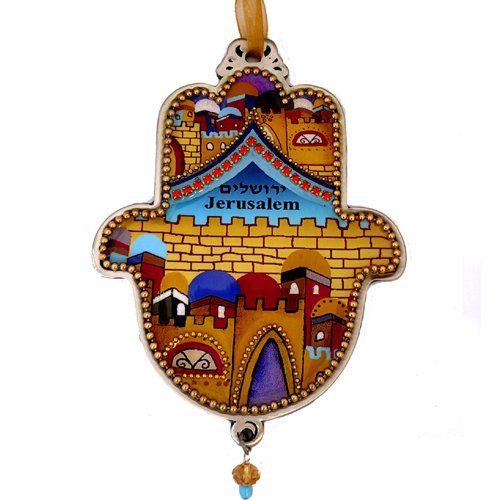 Hand Painted Hamsa Wall Plaque, Colorful Jerusalem Images - Iris Design