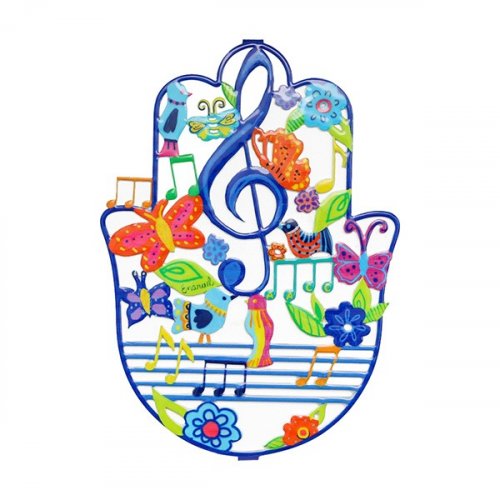 Hand Painted Large Hamsa Wall Decoration, Musical Notes - Yair Emanuel