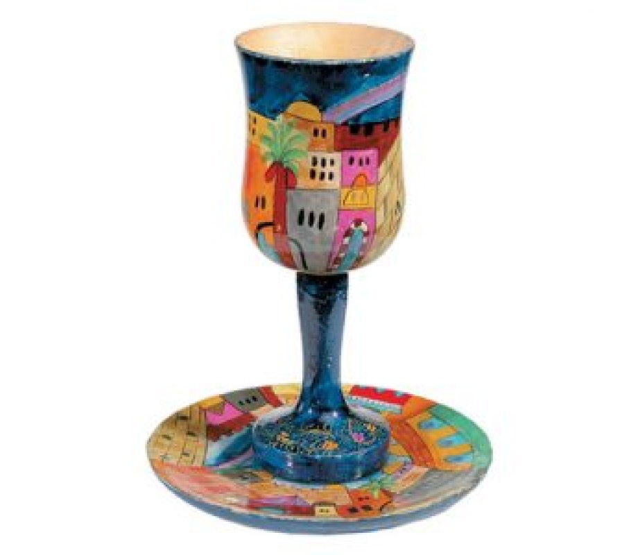 Hand Painted Large Wood Cup with Coaster, Jerusalem Views - Yair Emanuel