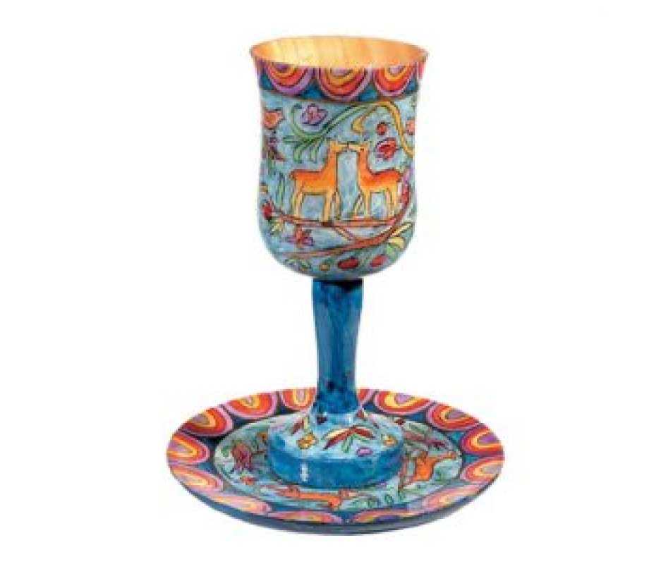 Hand Painted Large Wood Kiddush Cup with Coaster, Jerusalem Scenes - Yair Emanuel
