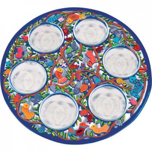 Hand Painted Laser Cut Aluminum Seder Plate, Birds by Yair Emanuel