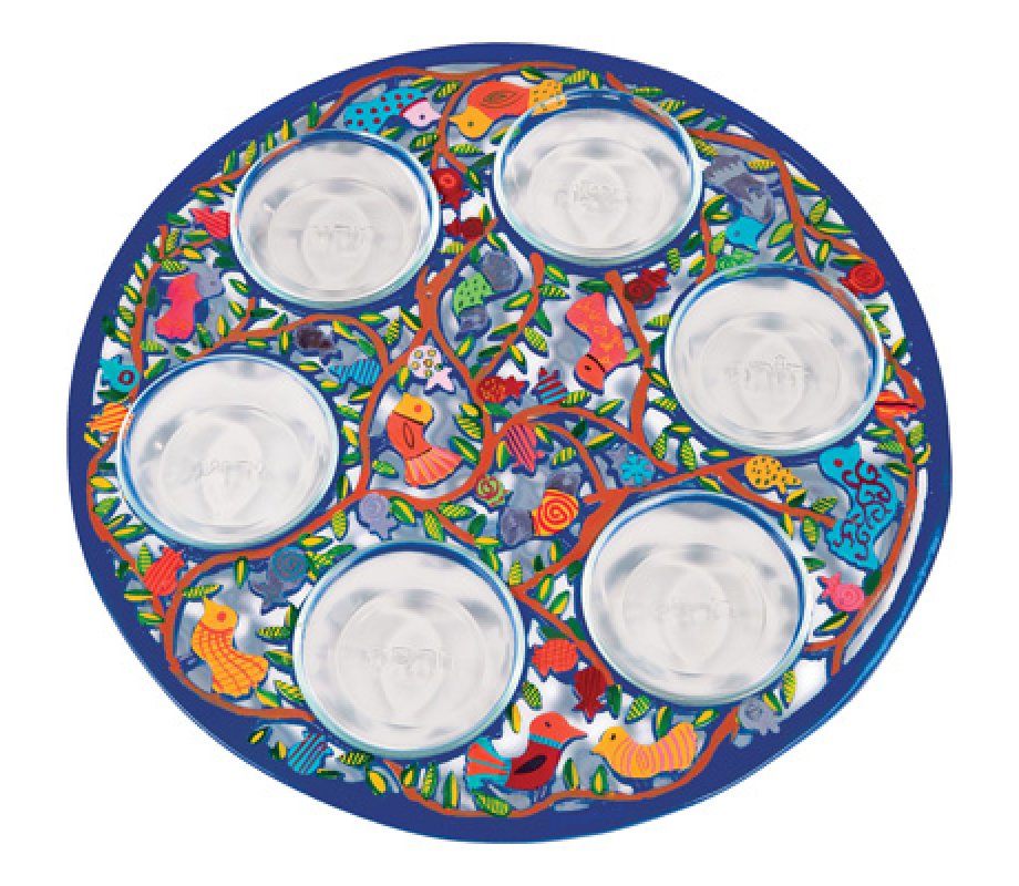Hand Painted Laser Cut Aluminum Seder Plate, Birds by Yair Emanuel