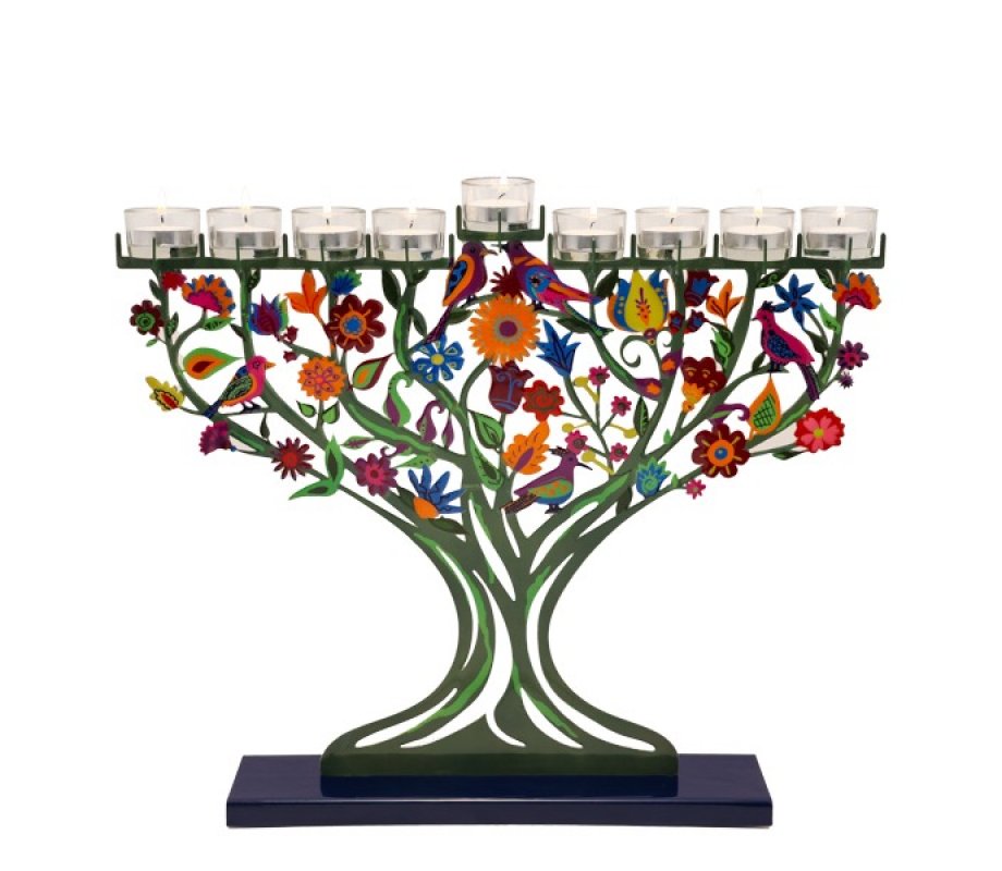 Hand Painted Laser Cut Chanukah Menorah, Pastoral Trees and Birds - Yair Emanuel