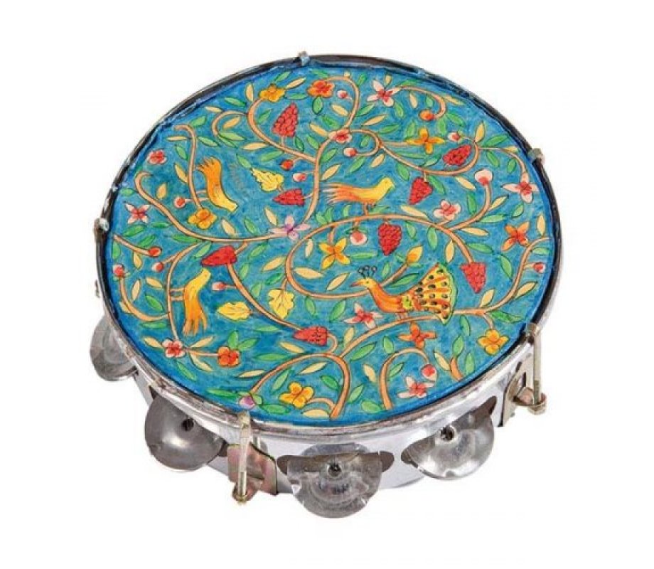 Hand Painted Leather Tambourine, Oriental Forest Scene - Yair Emanuel