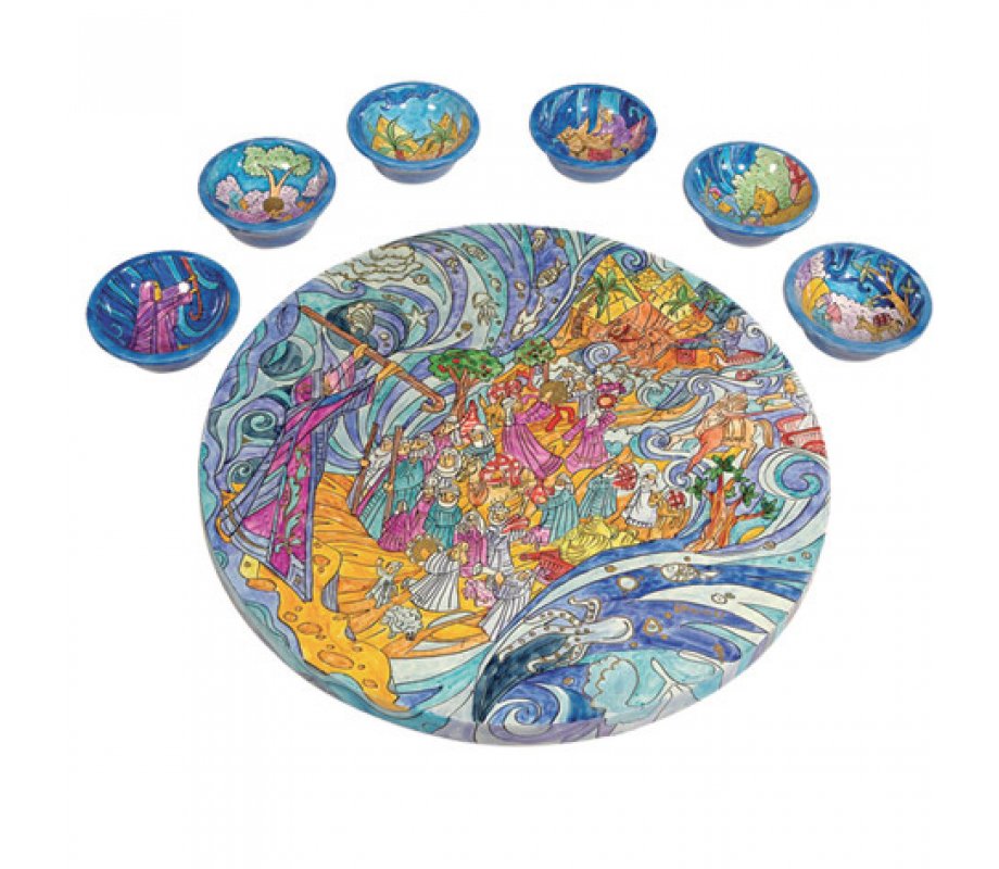 Hand Painted Seder Plate with Six Bowls, Splitting of the Sea - Yair Emanuel