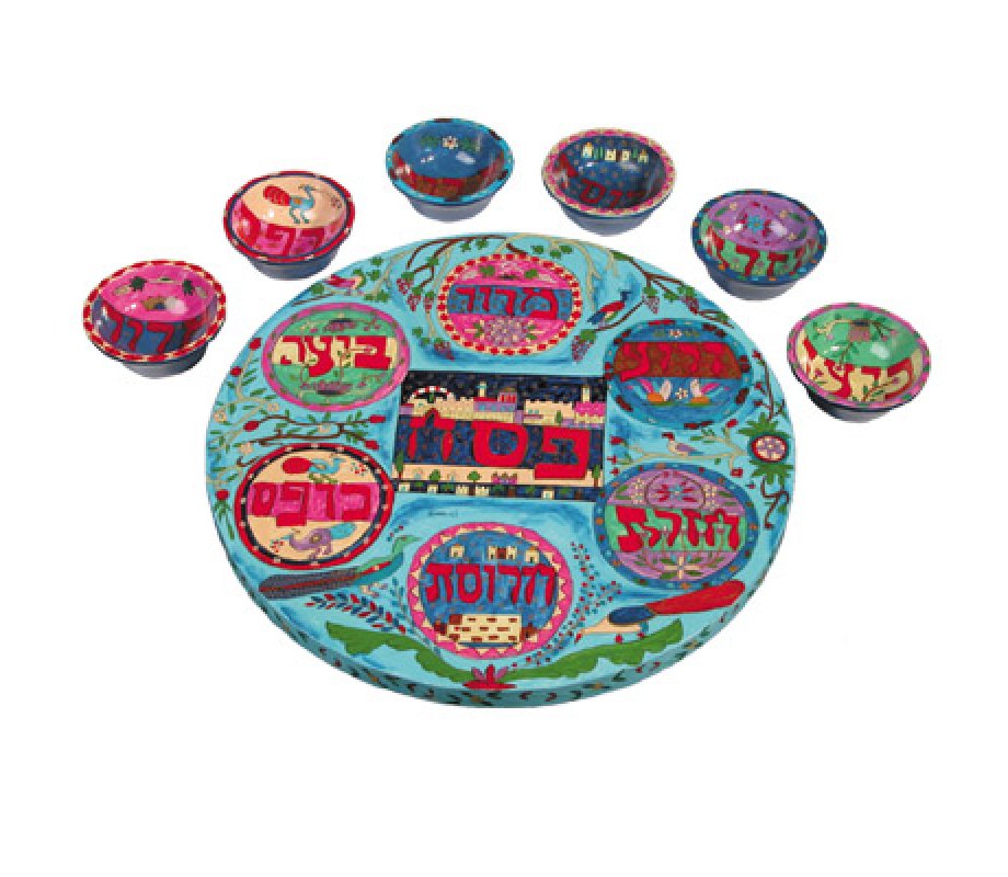 Hand Painted Seder Plate with Six Bowls, Colorful Design - Yair Emanuel