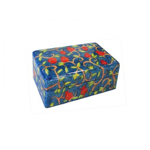 Hand Painted Small Wood Jewelry Box, Leafy Pomegranates - Yair Emanuel