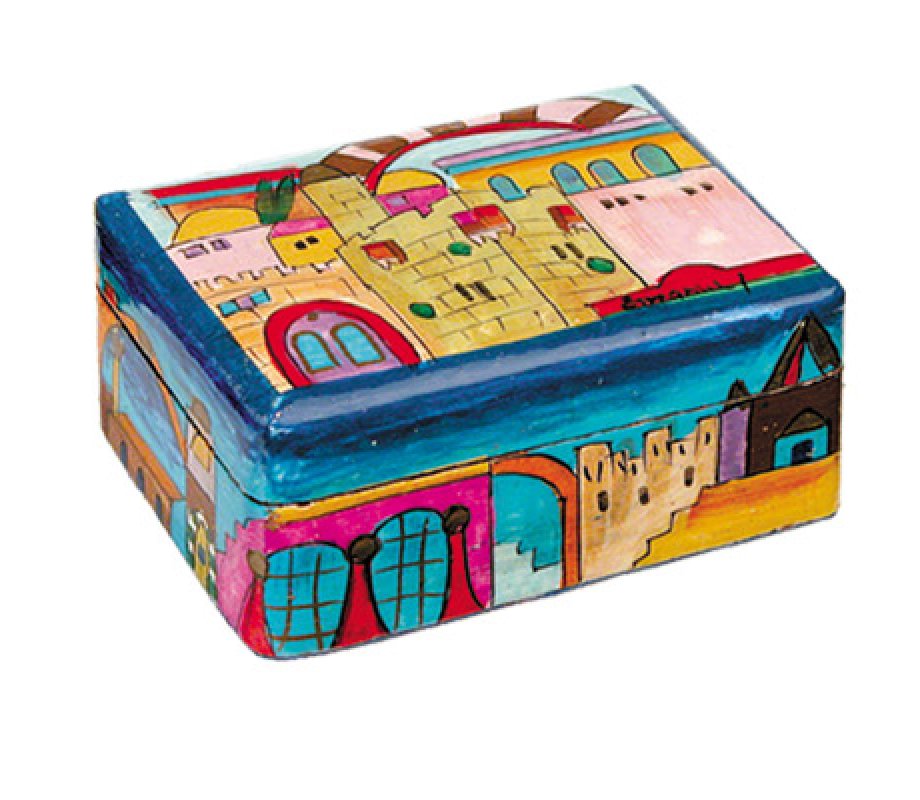 Hand Painted Small Wood Jewelry Box with Jerusalem Vistas - Yair Emanuel