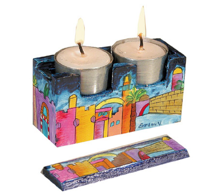 Hand Painted Travel Shabbat Candlesticks in Wood Box, Jerusalem - Yair Emanuel