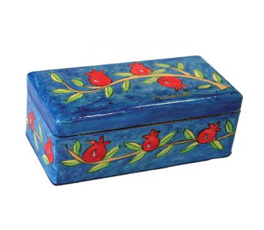 Hand Painted Travel Shabbat Candlesticks in Wood Box, Pomegranates - Yair Emanuel