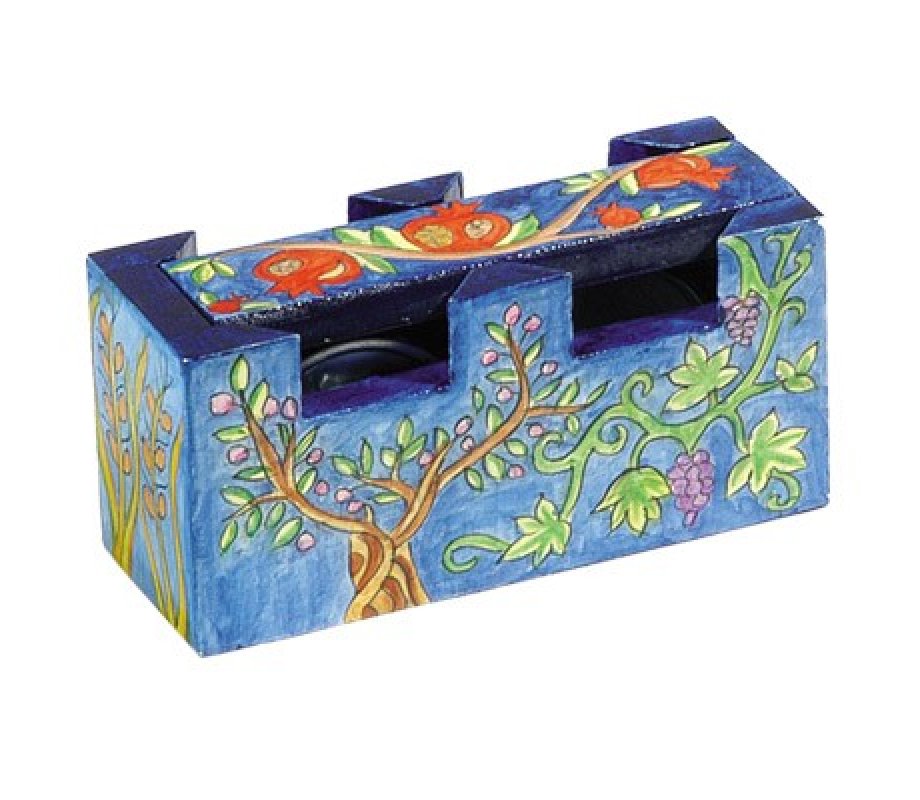 Hand Painted Travel Shabbat Candlesticks in Wood Box, Seven Species - Yair Emanuel