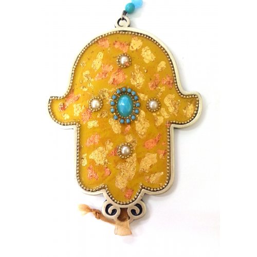 Hand Painted Wall Hamsa, Leaf Design on Gold with Beads and Crystals - Iris Design