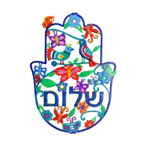 Hand Painted Wall Hamsa, Spring Scene with Shalom in Hebrew - Yair Emanuel