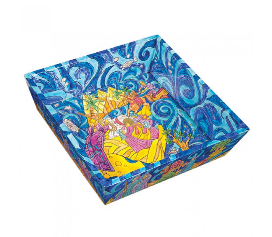 Hand Painted Wood Blue Matzah Tray, Exodus from Egypt by Yair Emanuel