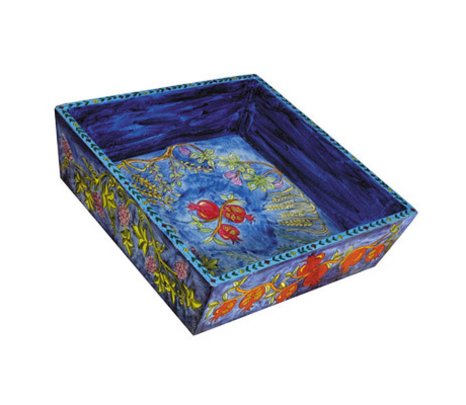 Hand Painted Wood Blue Matzah Tray, Seven Species - Yair Emanuel