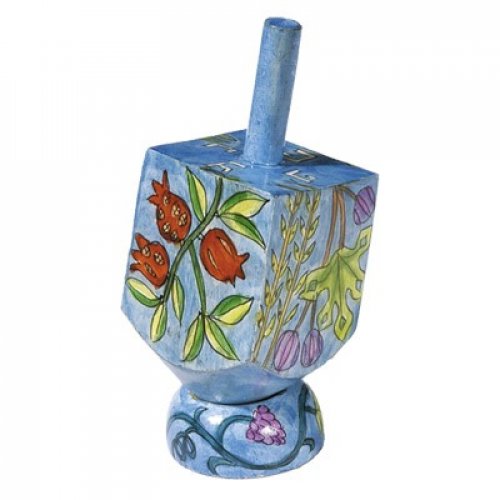 Hand Painted Wood Dreidel on Stand with Blue Seven Species Small - Yair Emanuel