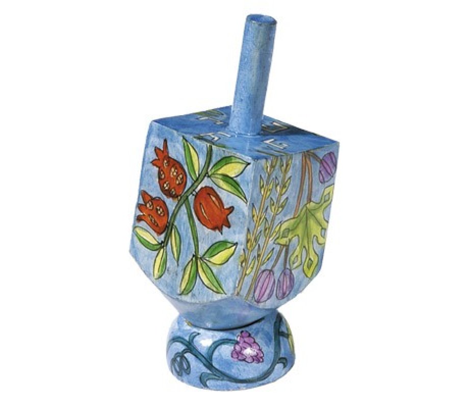 Hand Painted Wood Dreidel on Stand with Blue Seven Species Small - Yair Emanuel