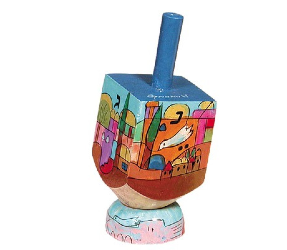 Hand Painted Wood Dreidel on Stand with Jerusalem Dove of Peace Small - Yair Emanuel