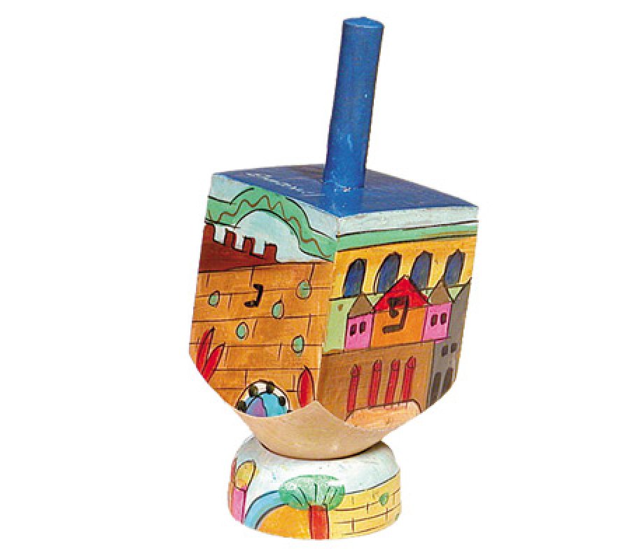 Hand Painted Wood Dreidel on Stand with Jerusalem Images, Small - Yair Emanuel