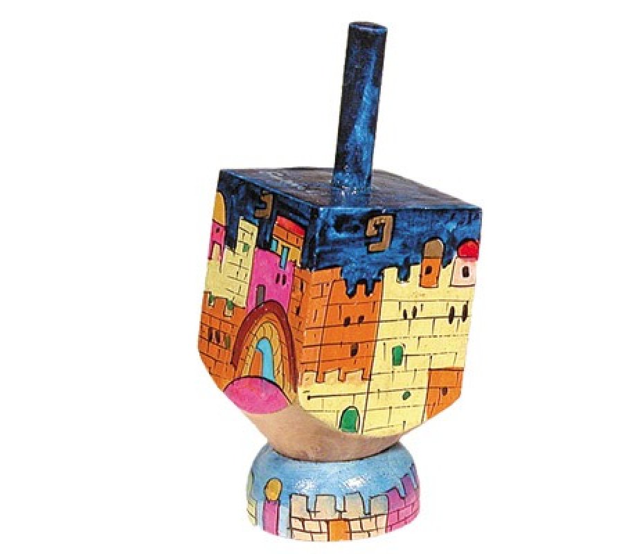 Hand Painted Wood Dreidel on Stand with Jerusalem Views Small - Yair Emanuel