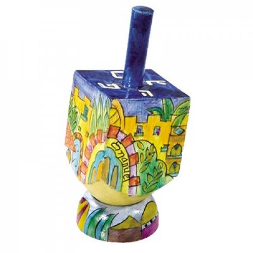 Hand Painted Wood Dreidel on Stand with Jerusalem of Gold Images Small - Yair Emanuel