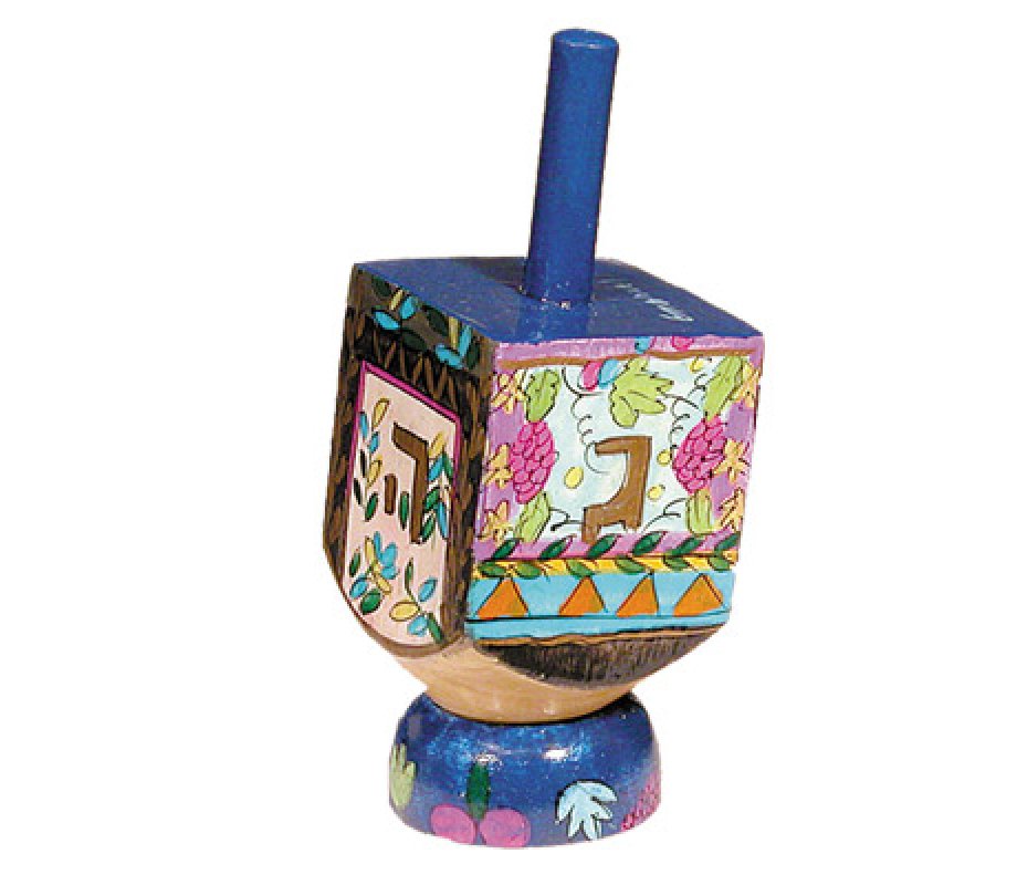 Hand Painted Wood Dreidel on Stand with Seven Species Small - Yair Emanuel