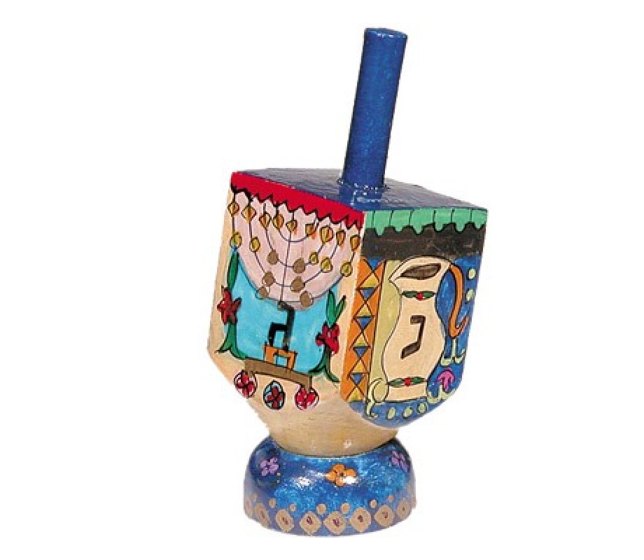 Hand Painted Wood Dreidel with Stand, Hanukkah Images Small - Yair Emanuel