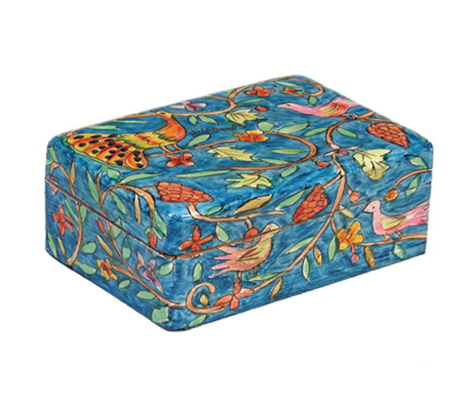 Hand Painted Wood Jewelry Box, Oriental Forest Scene on Blue - Yair Emanuel